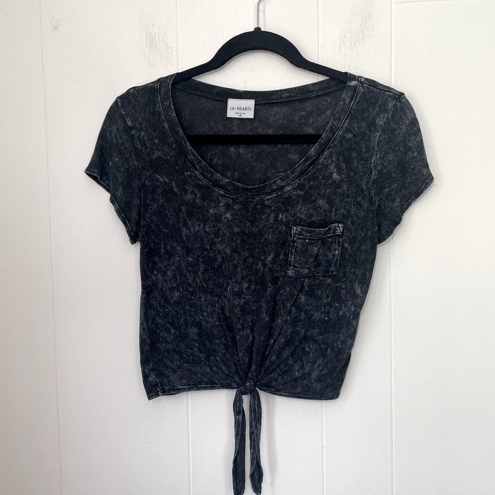 L.A. Hearts Short Sleeve Crop Top Tie Front Knot Black Whimsy Goth Punk Size M